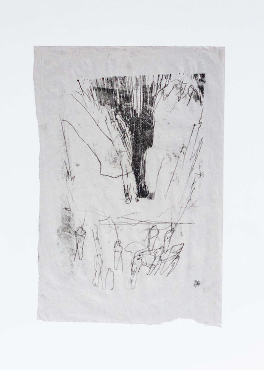 Abstract black and white drawing on a textured surface