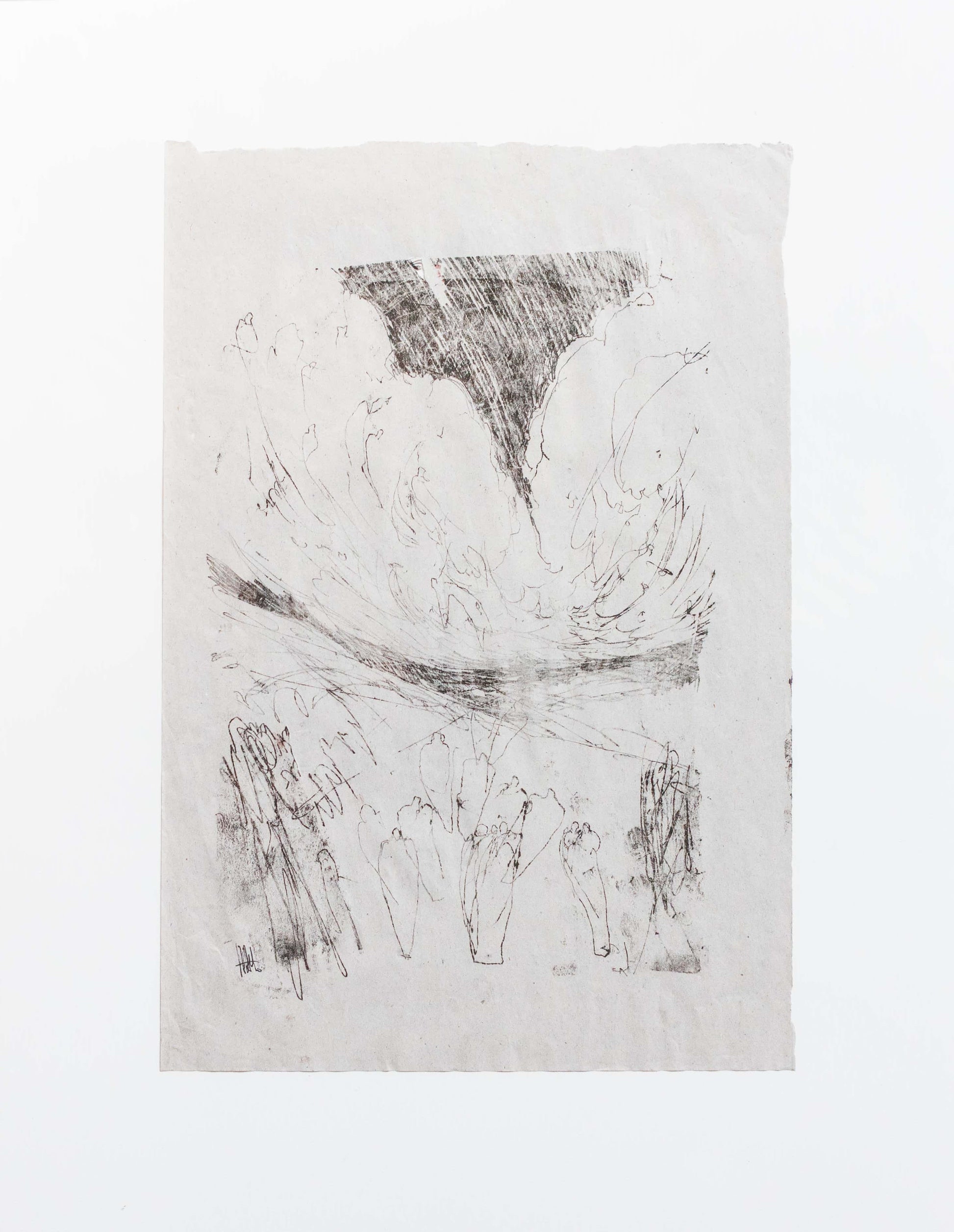 Abstract black and white drawing on a textured paper background