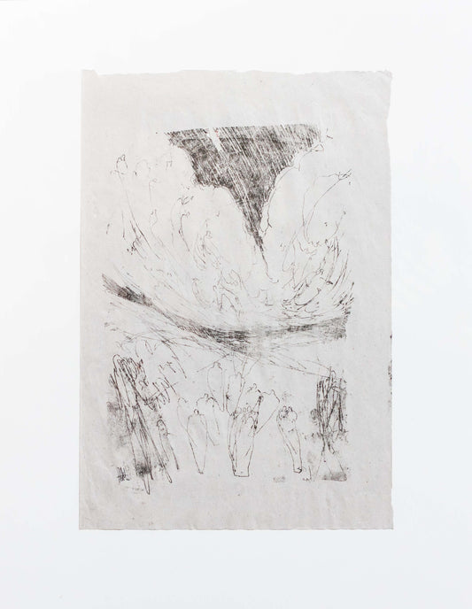 Abstract black and white drawing on a textured paper background