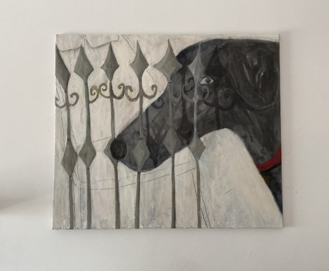 Artistic depiction of a dog behind a fence in front of a white wall.